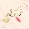 Collier sautoir pendentif feuille hibiscus en acier doré et perles pierres véritables 0123567 vert