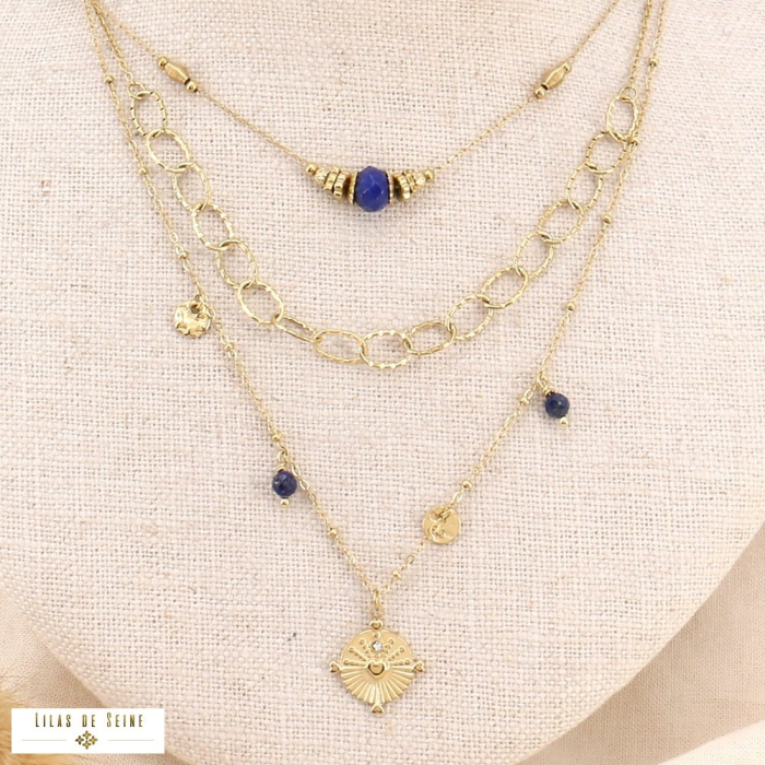 Collier bohème multi-rangs en acier doré, pierres naturelles et médaille cœur rayonnant 0123576 bleu foncé