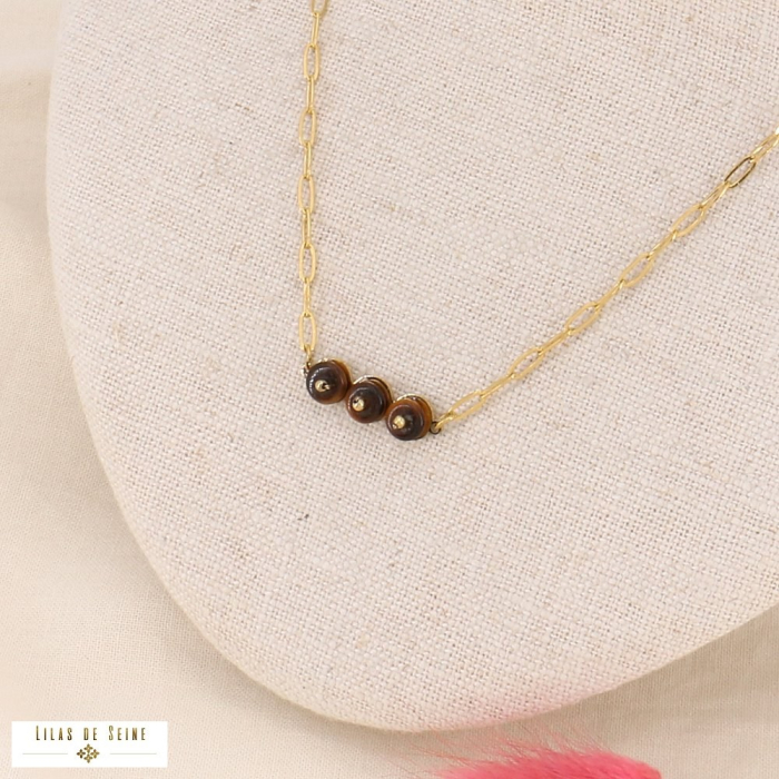 Collier acier inoxydable chic disques pierre naturelle femme 0123593 marron