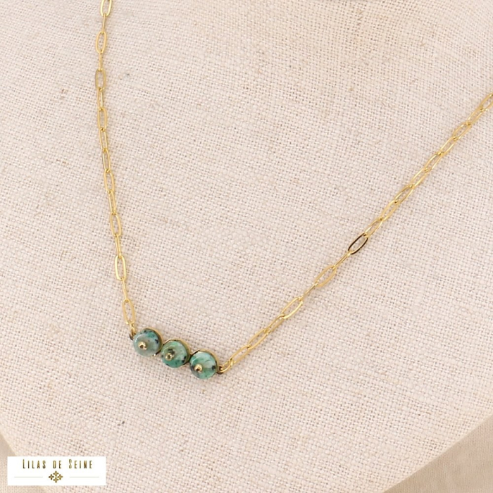 Collier acier inoxydable chic disques pierre naturelle femme 0123593 vert foncé