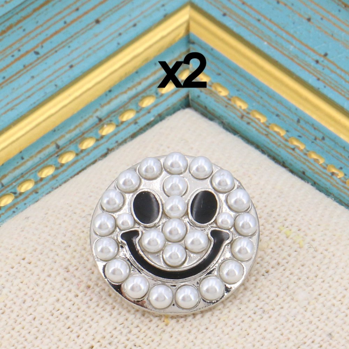 Lot x2 pin's broche smiley sourire en métal et perles blanches acrylique pour femme 0623510 argenté