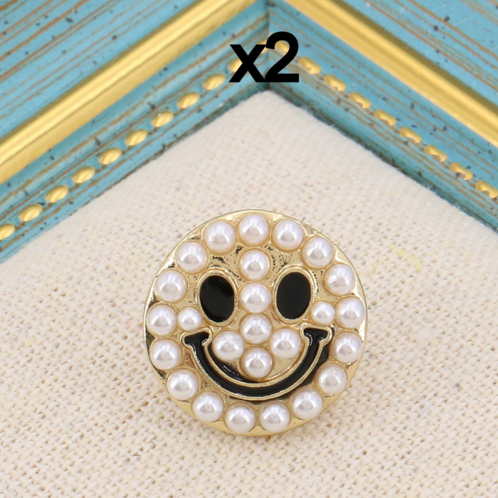 Lot x2 pin's broche smiley sourire en métal et perles blanches acrylique pour femme 0623510 doré