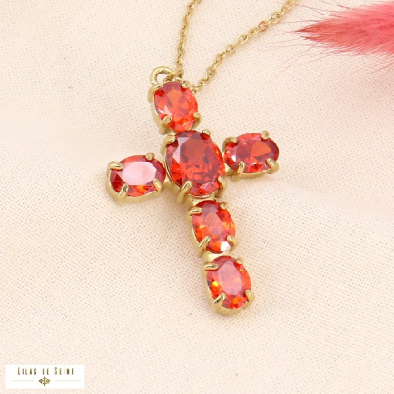 Collier acier avec maxi pendentif croix en cristaux colorés pour femme 0123501 orange