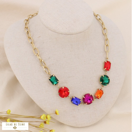 Collier perles cristaux baroques et chaîne acier inoxydable 0123530 multi