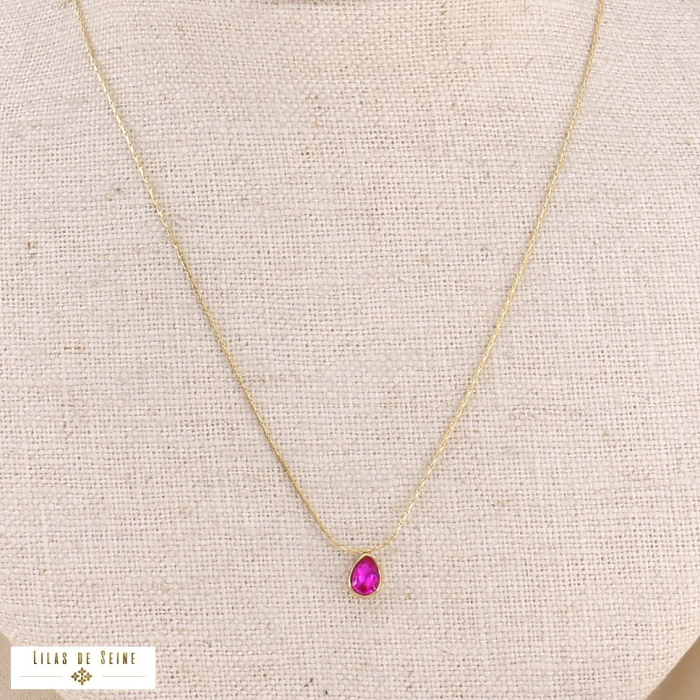 Collier court chaîne fine acier et pendentif strass goutte 0123540 fushia