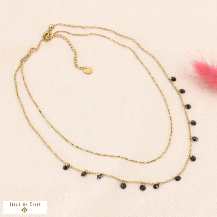 Collier deux rangs bohème en acier et perles cristal facetté 0123537 noir