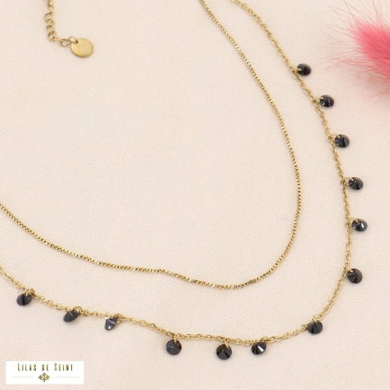 Collier deux rangs bohème en acier et perles cristal facetté 0123537 noir