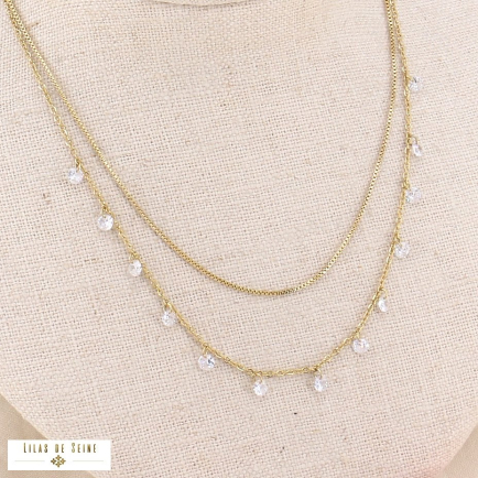 Collier deux rangs bohème en acier et perles cristal facetté 0123537 blanc