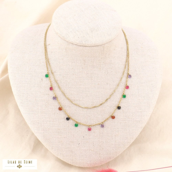 Collier deux rangs bohème en acier et perles cristal facetté 0123537 multi