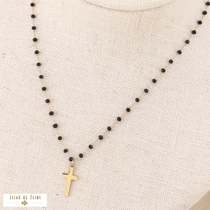 Collier chaîne chapelet à perles cristal et croix acier inoxydable 0123585 noir