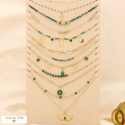 Ensemble de 10 colliers croix étoile oiseau pierre acier inoxydable cristal strass femme 0123637 vert