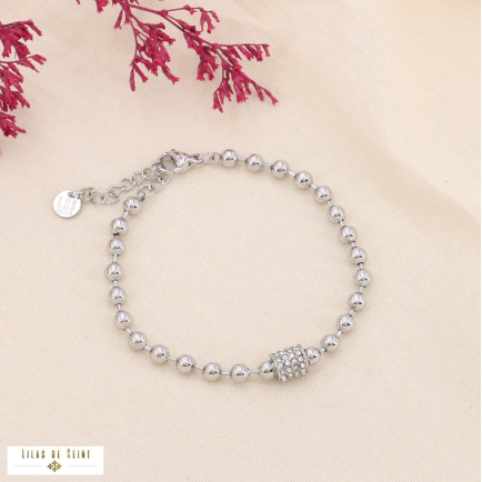 Bracelet chaîne à billes en acier et pendentif strass 0223540 argenté