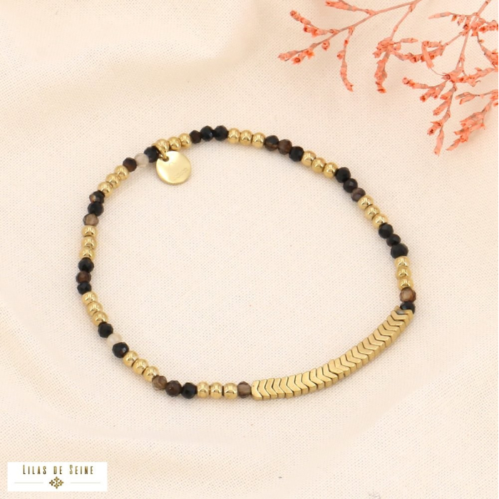 Bracelet élastique perles pierres et perles chevrons acier 0223554 noir