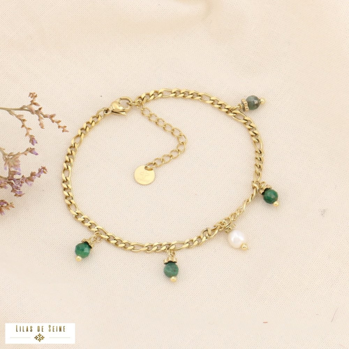 Bracelet maille gourmette acier, breloques pierres et perle eau douce 0223553 vert foncé