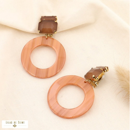 Boucles pendantes à CLIP acier, strass et anneaux acétate 0323530 marron