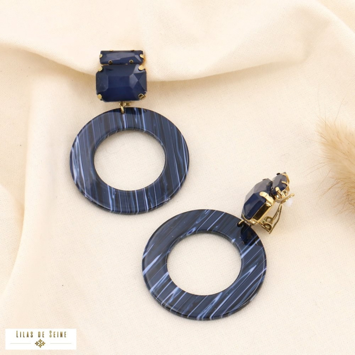 Boucles pendantes à CLIP acier, strass et anneaux acétate 0323530 bleu foncé