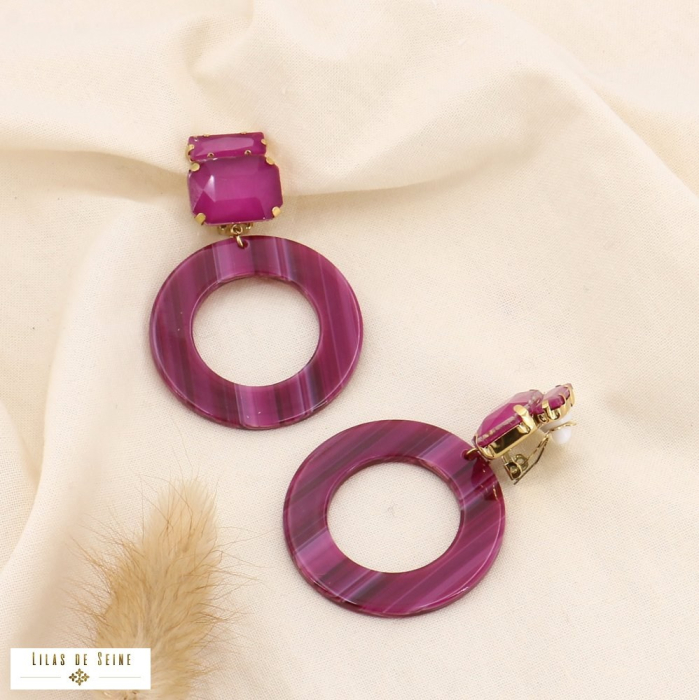 Boucles pendantes à CLIP acier, strass et anneaux acétate 0323530 fushia