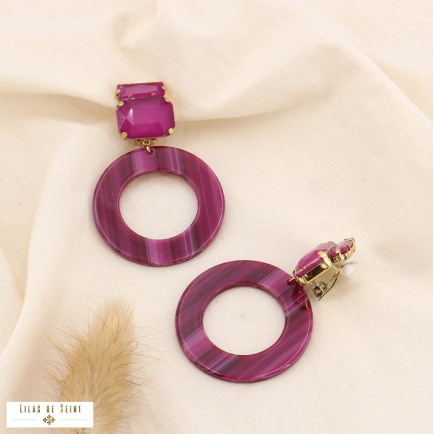 Boucles pendantes à CLIP acier, strass et anneaux acétate 0323530 fushia