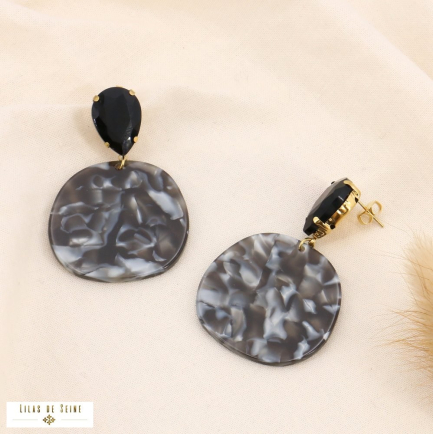 Maxi boucles d'oreilles disques résine marbrée et acier 0323536 gris foncé