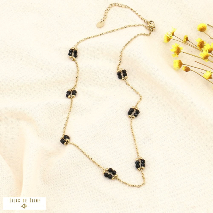Collier acier inoxydable fleurs bille pierre naturelle 0123578 noir