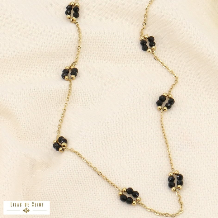 Collier acier inoxydable fleurs bille pierre naturelle 0123578 noir