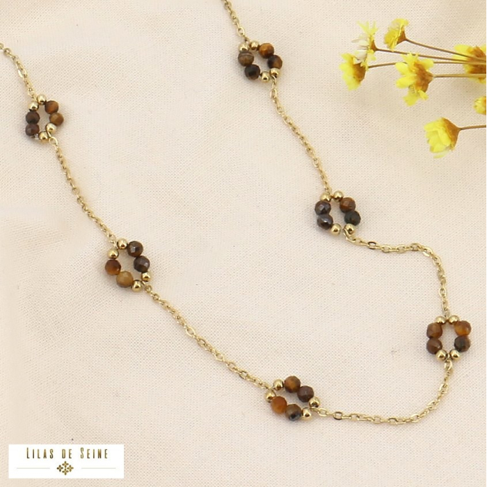 Collier acier inoxydable fleurs bille pierre naturelle 0123578 marron