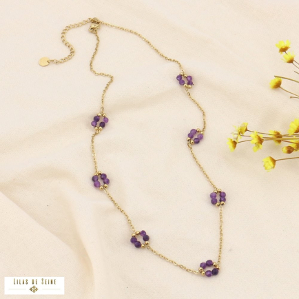 Collier acier inoxydable fleurs bille pierre naturelle 0123578 violet