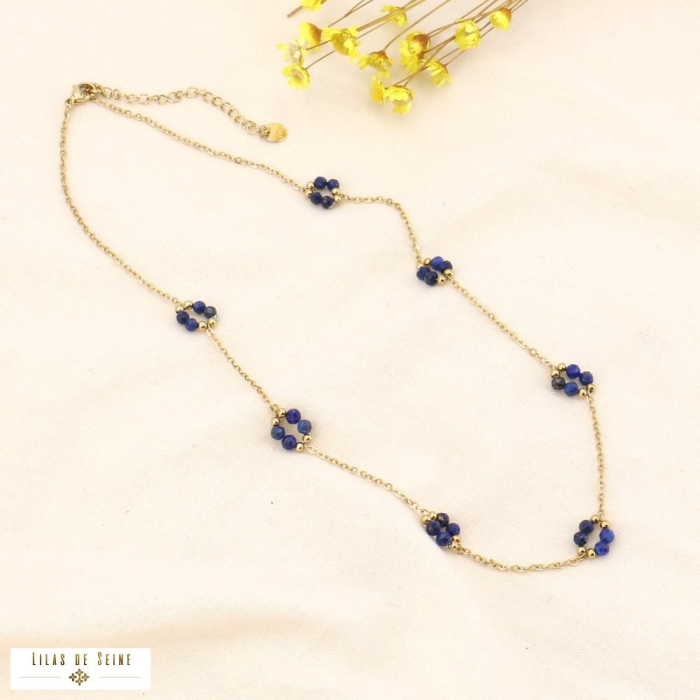 Collier acier inoxydable fleurs bille pierre naturelle 0123578 bleu foncé