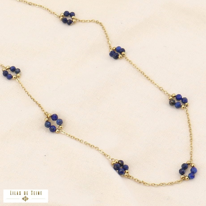 Collier acier inoxydable fleurs bille pierre naturelle 0123578 bleu foncé