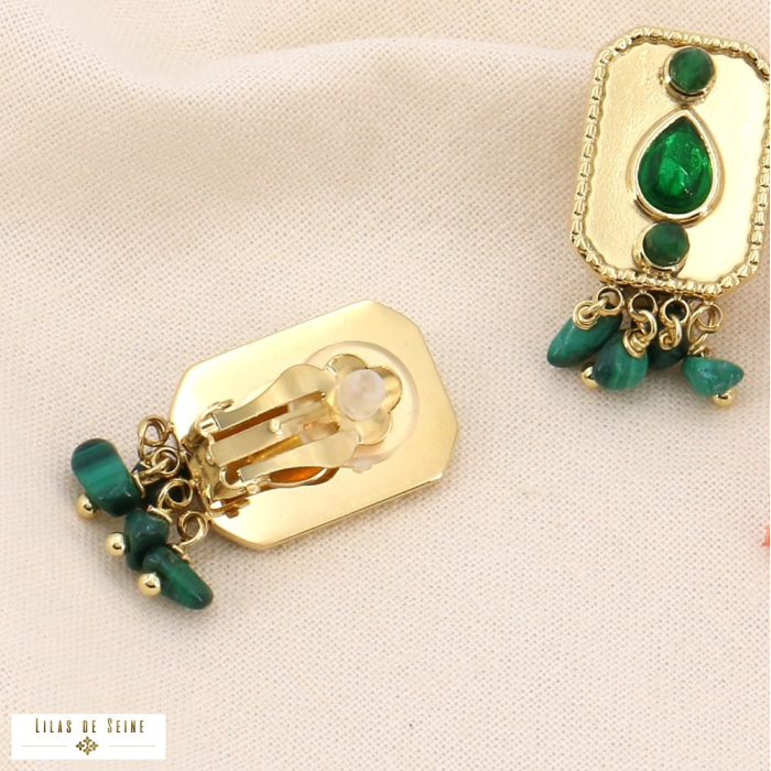 Boucles d'oreilles ethniques CLIP acier, strass et pierres 0323558 vert foncé