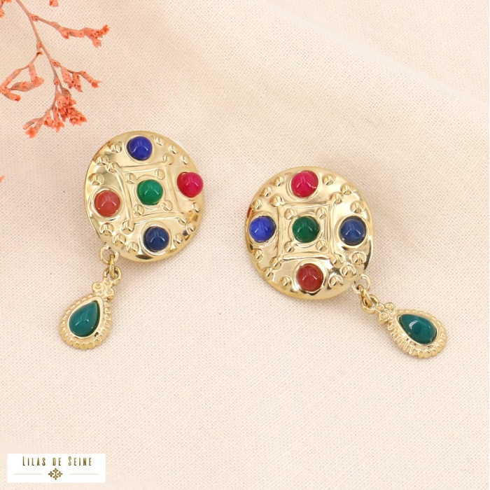 Boucles d'oreilles pendantes CLIP byzantines acier et pierres 0323629 multi