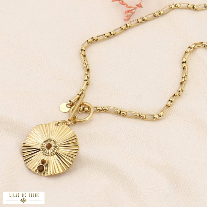 Collier acier inoxydable pendentif ondulé pierre 0123572 marron