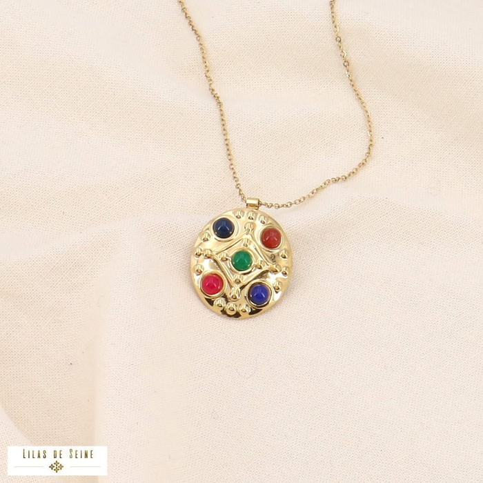Collier acier inoxydable pendentif byzantin pierre naturelle 0123557 multi