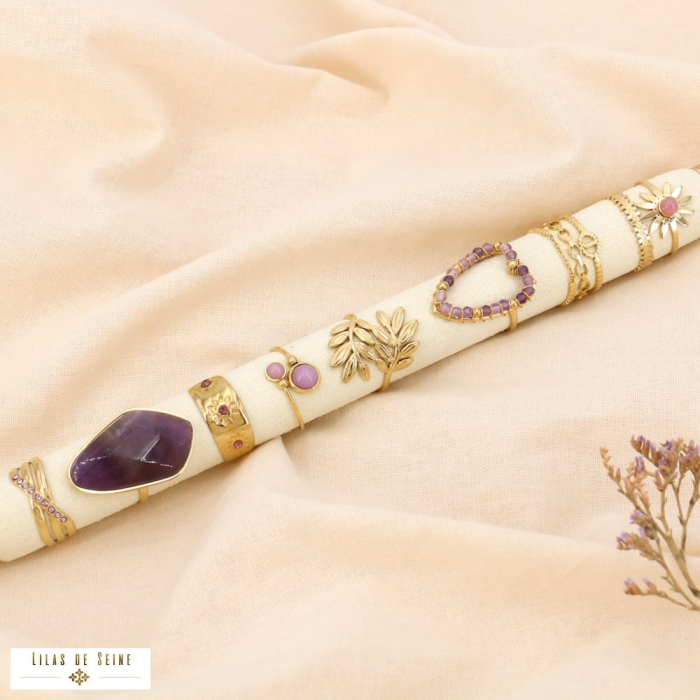 Ensemble 8 bagues acier rococo coeur fleur feuille pierre multirangs 0423566 violet Ensemble 8 bagues acier rococo coeur fleur feuille pierre multirangs 0423566 violet
