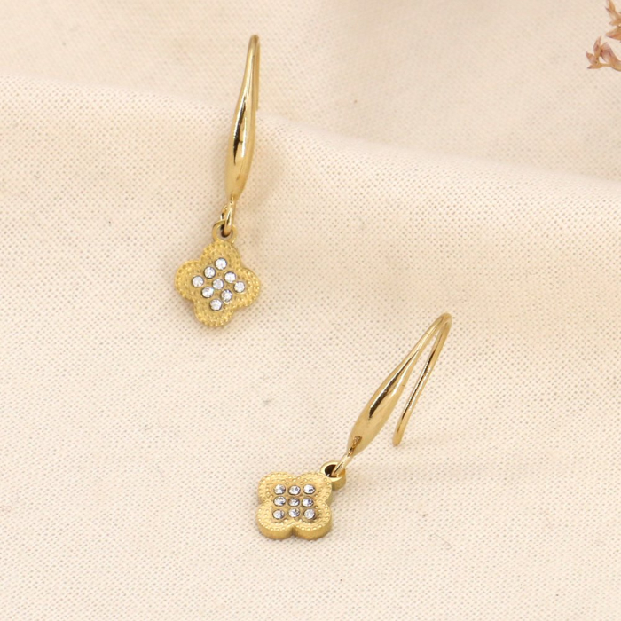 Boucles d'oreille acier inoxydable strass trèfle femme 0323574 doré