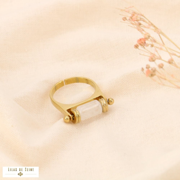 Bague large acier et talisman tube pierre ethnique pivotante 0423550 blanc