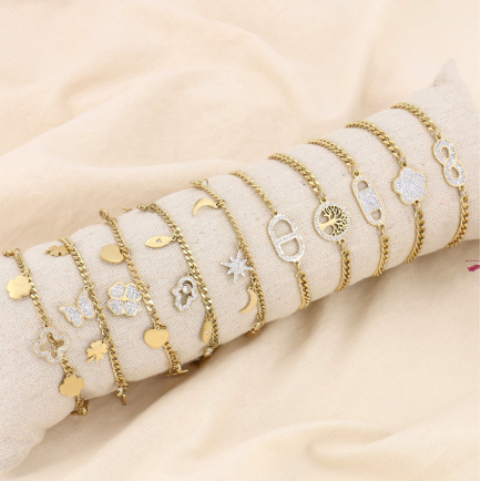 Ensemble de bracelets en acier inoxydable tendances et strass blancs avec boudin brillant inclus 0223630 doré