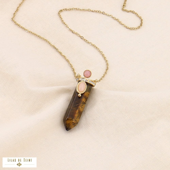 Collier long pendentif talisman en pierre véritable forme longue hexagonale et strass 0123555 marron