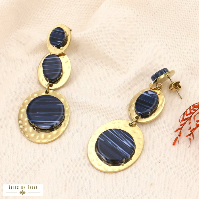 Boucles d'oreilles pendantes oversized trois disques acier martelé et acétate 0323533 bleu foncé