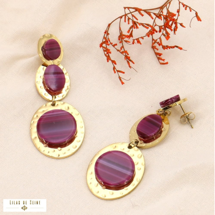 Boucles d'oreilles pendantes oversized trois disques acier martelé et acétate 0323533 fushia