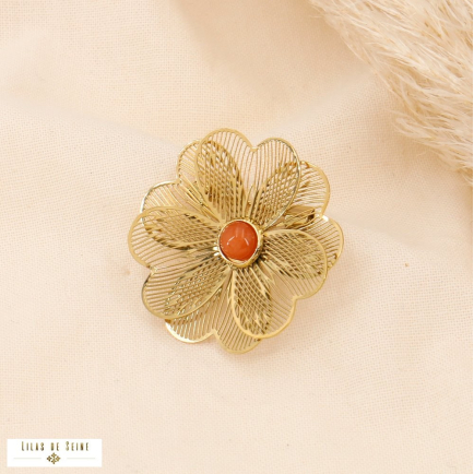 Broche chic forme fleur en acier inoxydable et cabochon pierre naturelle 0523507 orange foncé