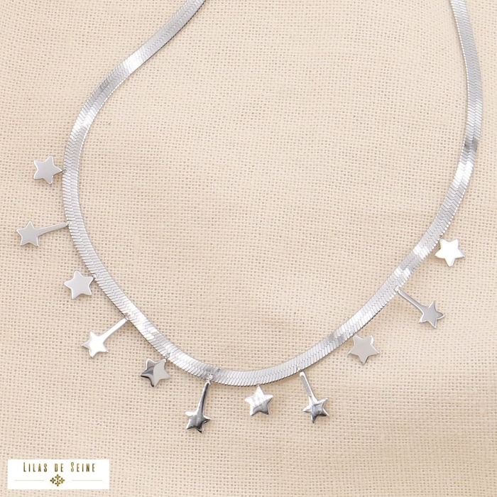 Collier court acier inox chaîne miroir pampilles étoile soirée 0123627 argenté
