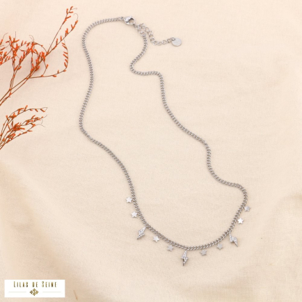 Collier court acier inox pampilles éclair strass étoile soirée 0123630 argenté