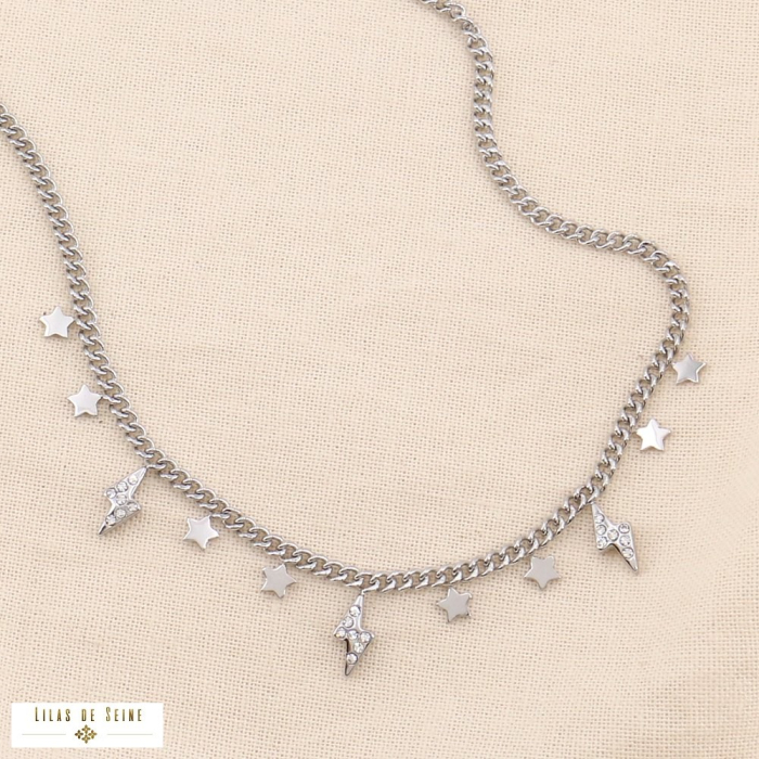 Collier court acier inox pampilles éclair strass étoile soirée 0123630 argenté
