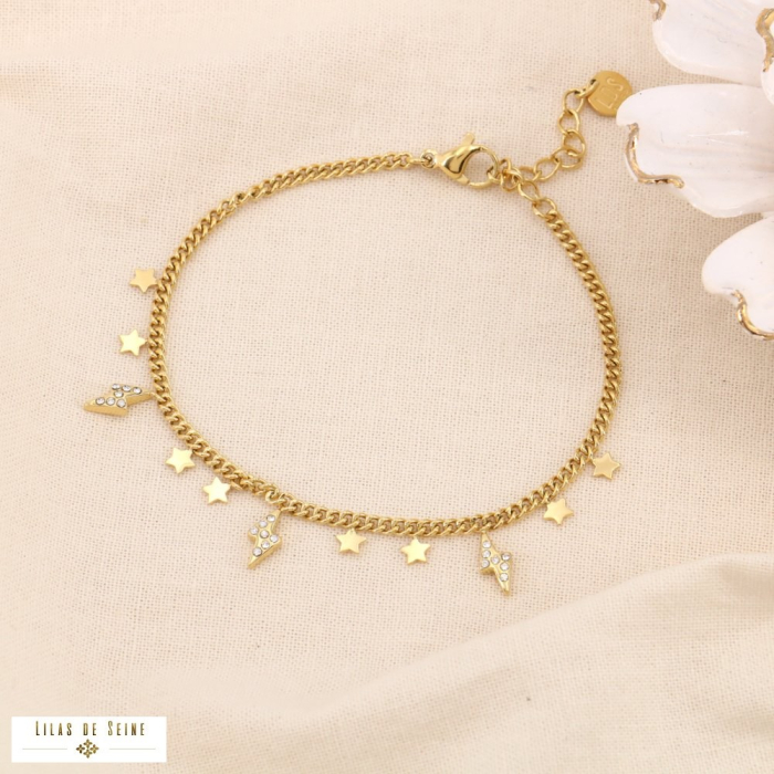 Bracelet acier inox pampilles éclair strass étoile soirée 0223597 doré