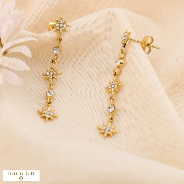Boucles d’oreille pendantes acier inoxydable étoiles strass 0323593 doré
