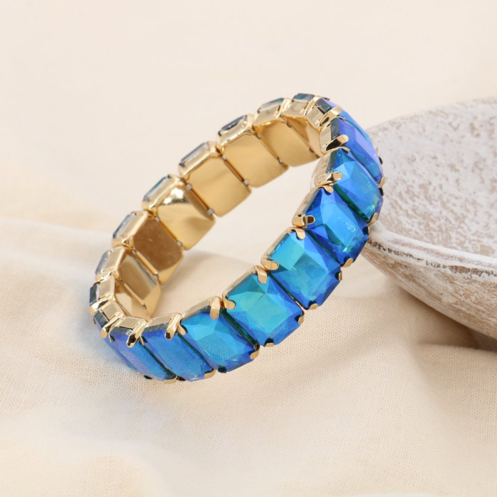 Bracelet élastique acier inoxydable strass colorées facettées 0223526 bleu