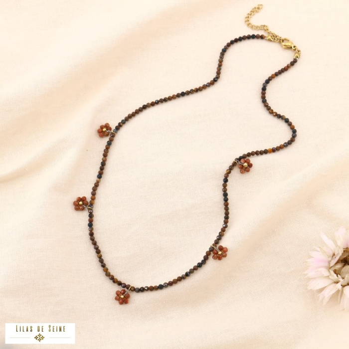 Collier acier inoxydable billes cristaux facettés cabochons fleurs 0123650 marron foncé