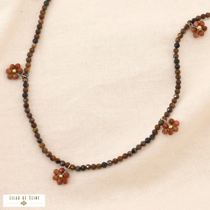 Collier acier inoxydable billes cristaux facettés cabochons fleurs 0123650 marron foncé