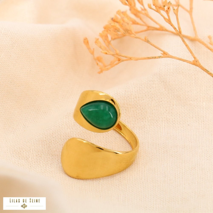 Bague contemporaine cabochon forme goutte pierre naturelle acier doré 0423552 vert foncé